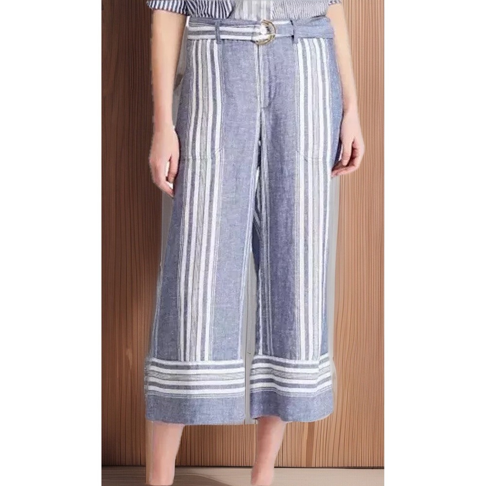 Women's Lauren Ralph Lauren 💯% Linen Crop Pants Wide Leg Striped Belted Sz 6